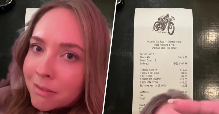 A customer at a restaurant sees that she was charged